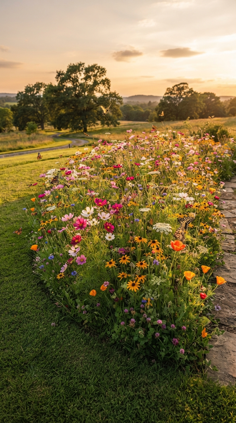 Colorful wildflower meadow patch with mowed border in a whimsical hippie backyard