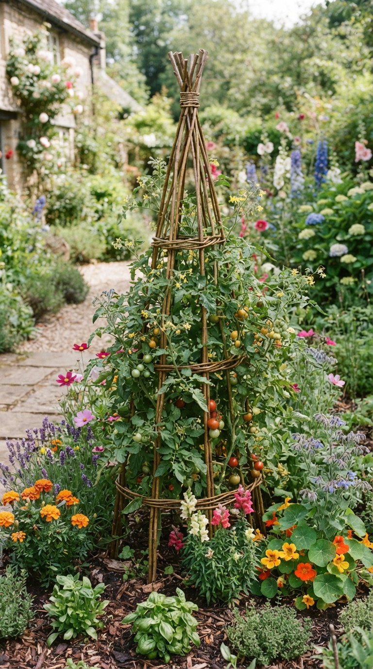 Woven willow trellis supporting tomato vines in a cottage garden