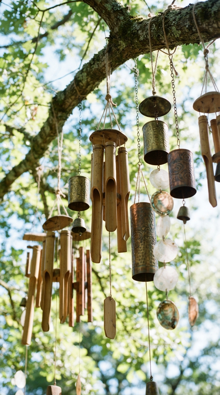Layered wind chimes hanging from a tree in a whimsical hippie garden