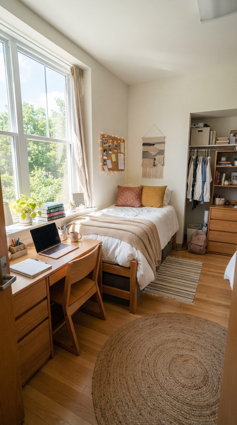 Dorm room desk positioned near a window for natural light and workspace