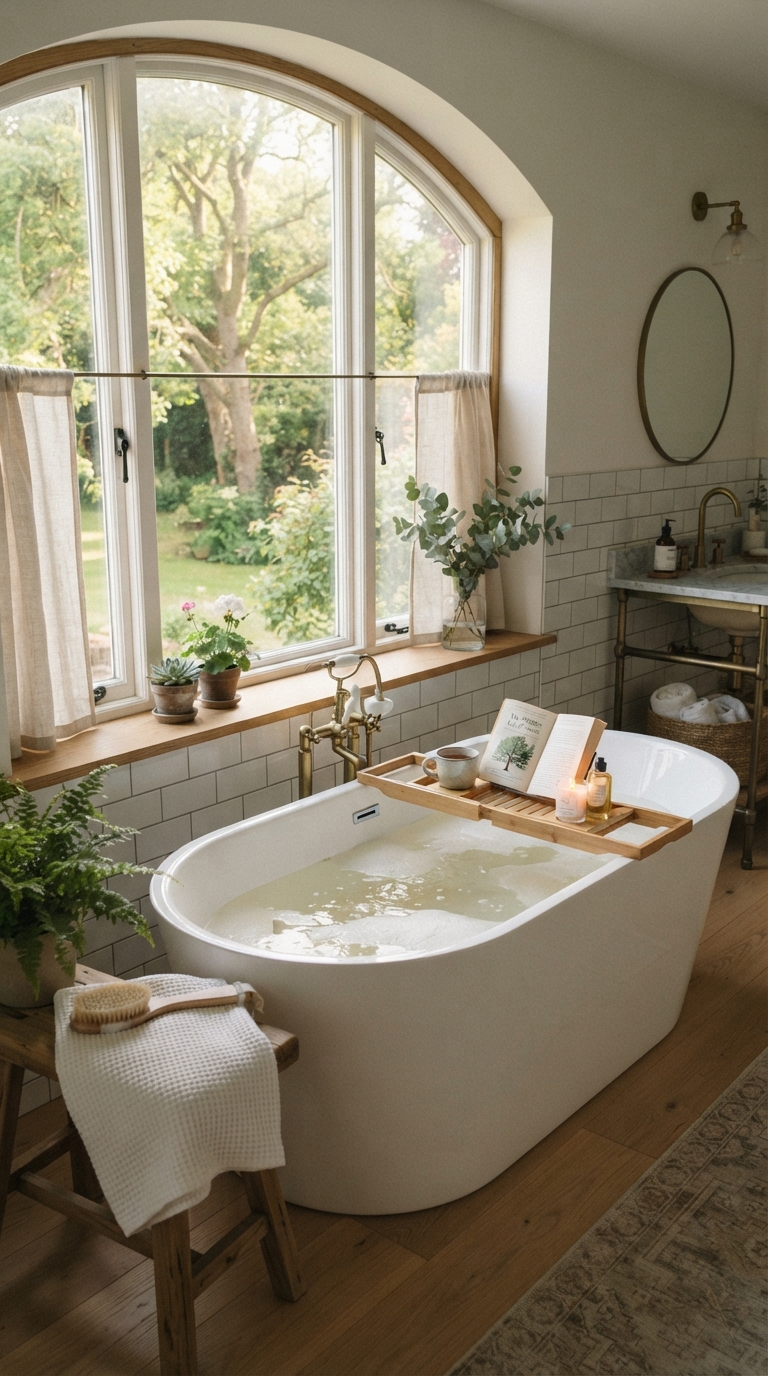Soaking tub placed beside a window for natural light