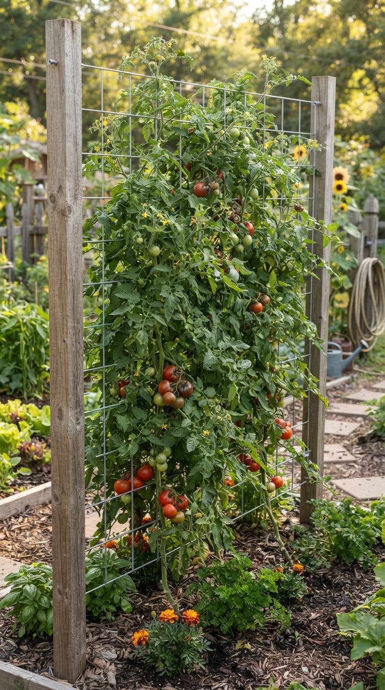 Wire grid trellis supporting tomato vines between wooden posts