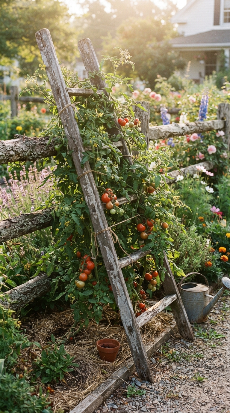 Wooden ladder trellis supporting climbing tomato vines in a farmhouse garden