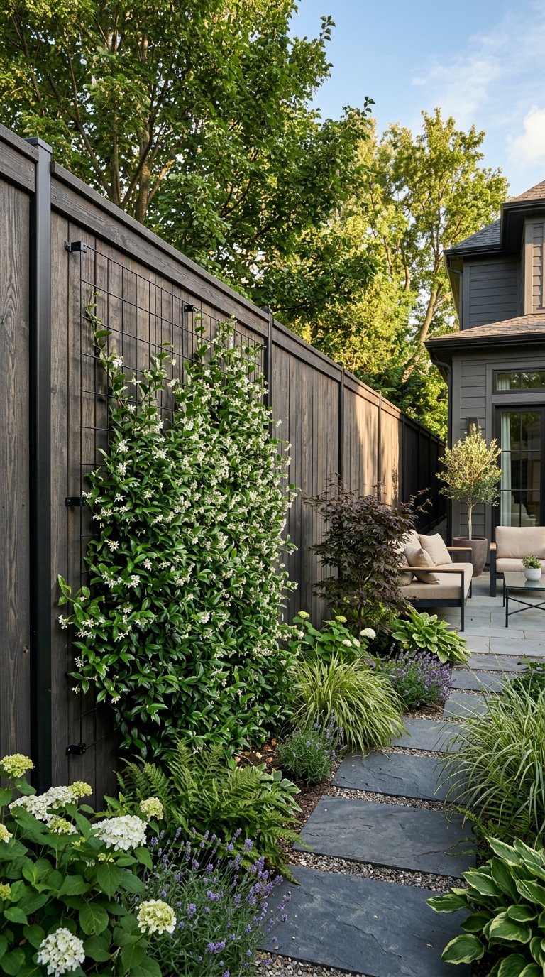 Star jasmine growing on a wooden privacy fence with wire trellis.