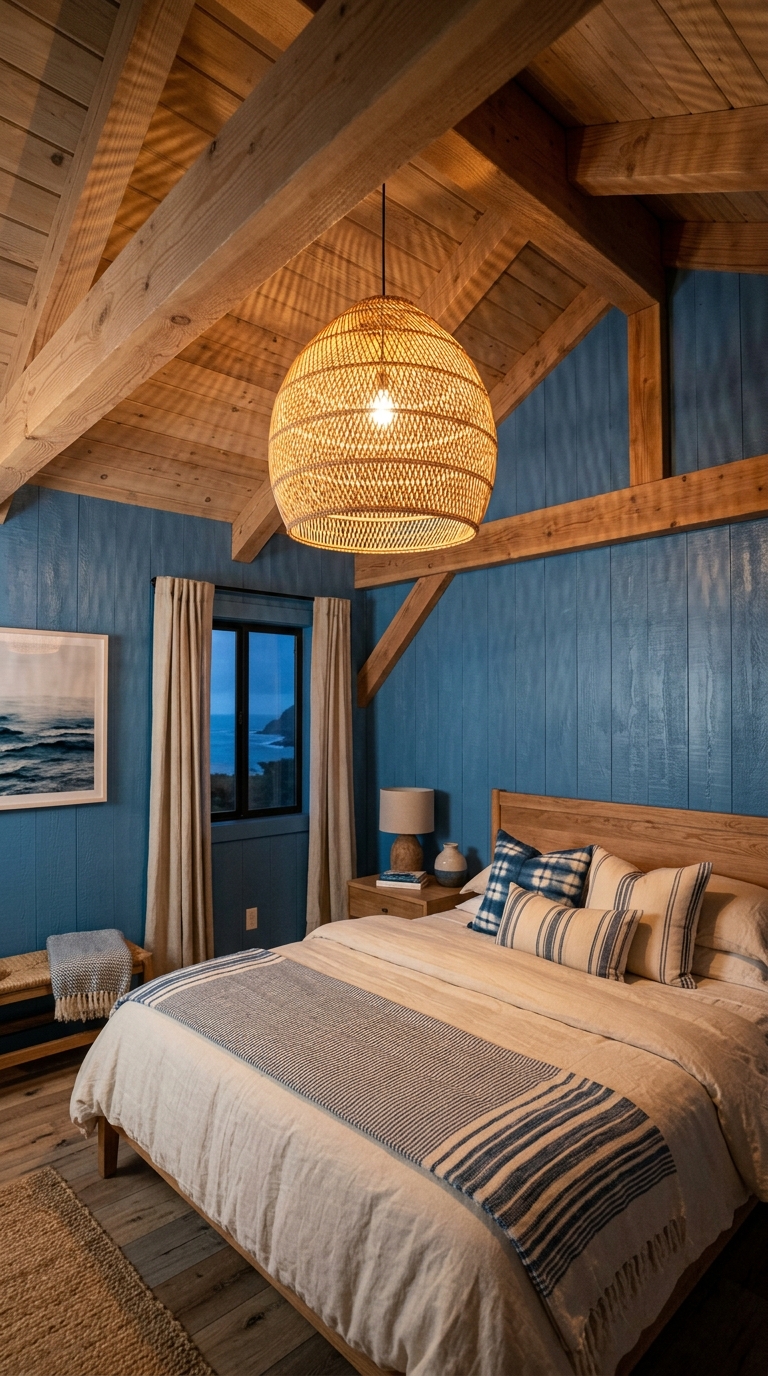Woven pendant light glowing in a coastal bedroom