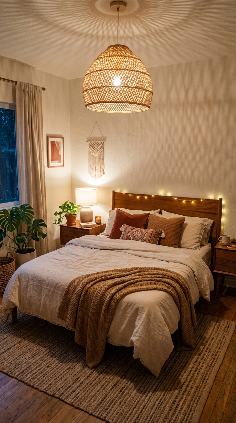 Woven pendant and warm string lights in a cozy bedroom