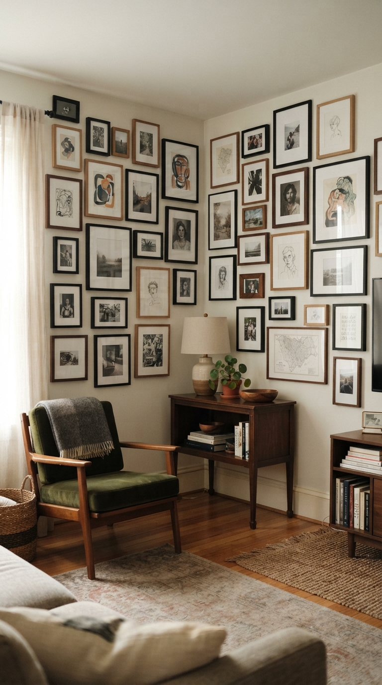 Free-form wrap-around corner photo gallery wall with mixed frame sizes