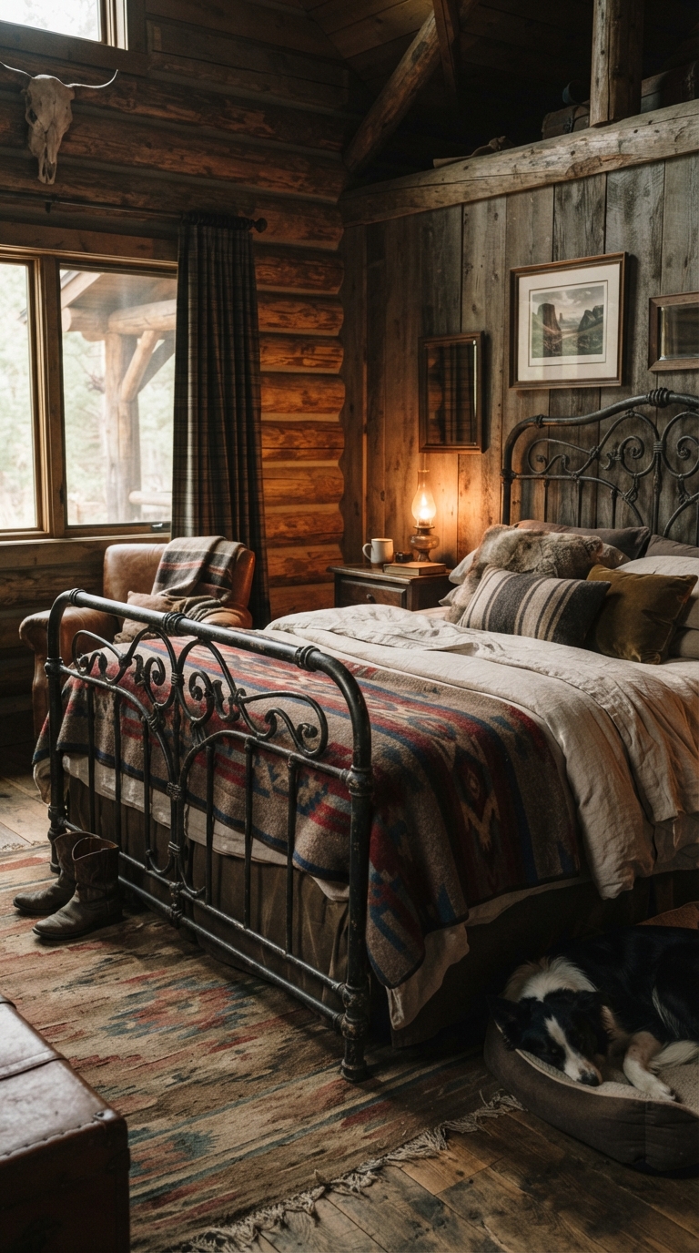 Wrought iron bed frame in a Western-style bedroom.