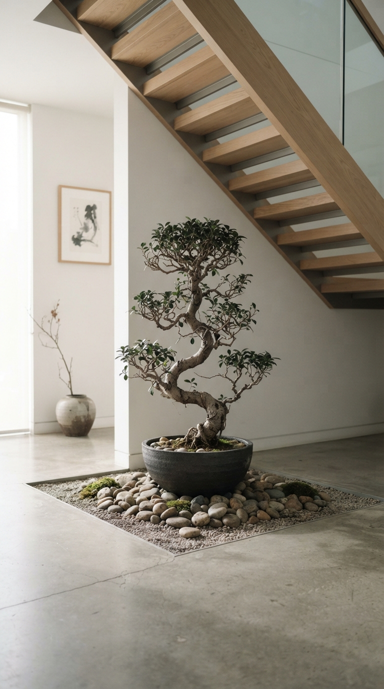 Minimalist zen-style plant corner styled under a staircase.