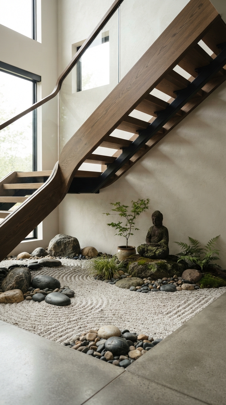 Zen rock garden styled under a staircase with stones and a small statue