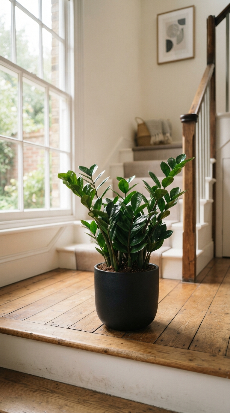 ZZ plant styled in a matte black pot on a staircase landing