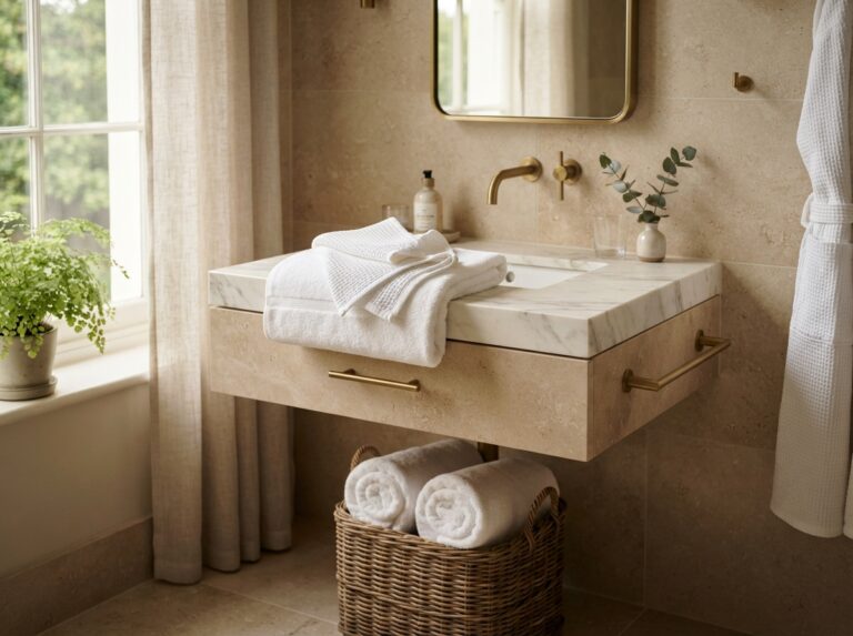 Luxury 5-star hotel style bathroom towel arrangement