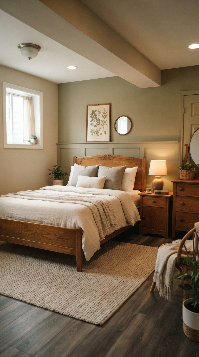 Basement bedroom with warm wood vintage bed frame and nightstand