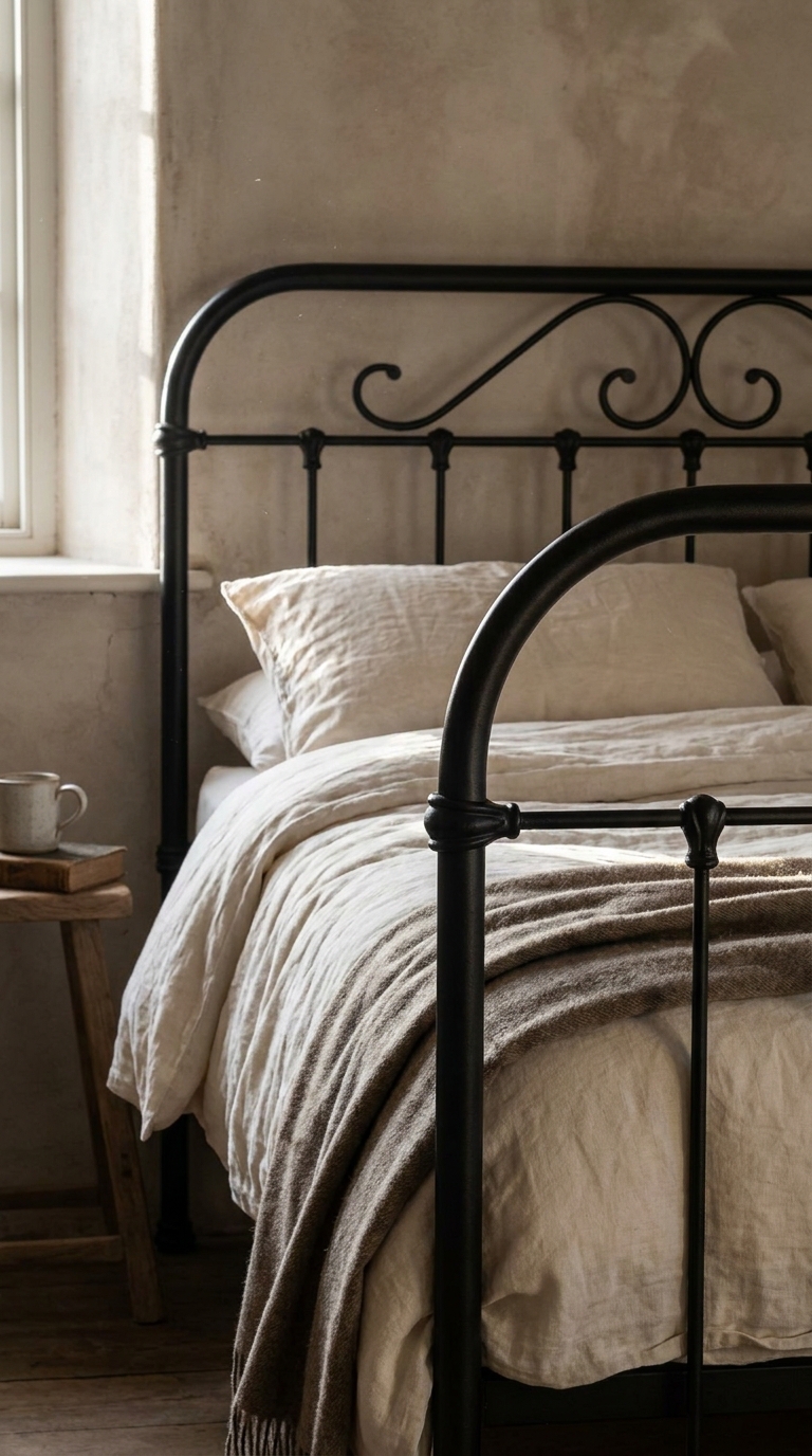 Black iron bed frame with simple cream bedding in soft morning light