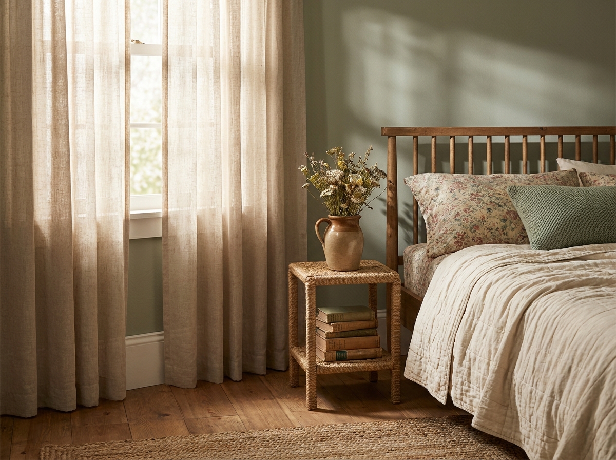 Cottagecore bedroom with a wooden spindle bed, cream quilt, and dried floral arrangement on a woven nightstand
