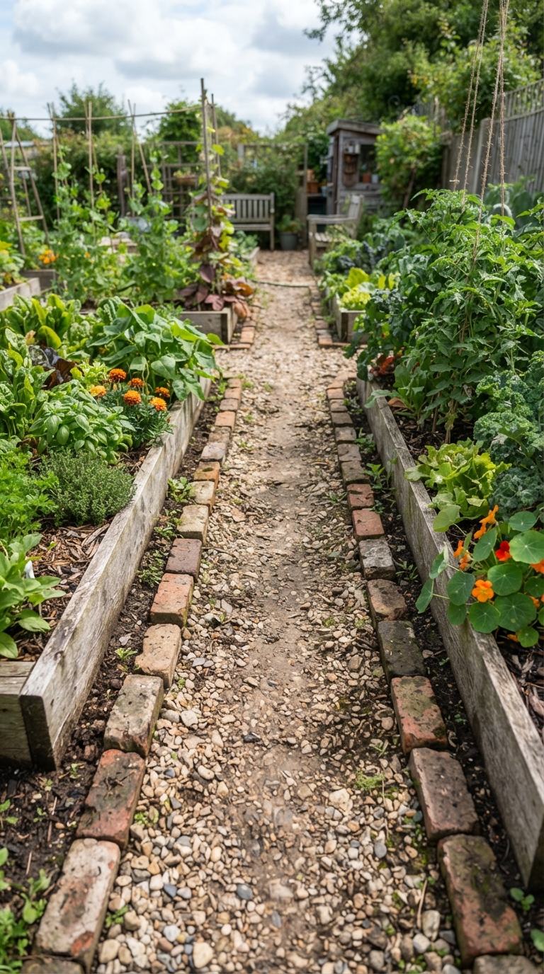 Compacted gravel path edged with brick running between raised kitchen garden beds