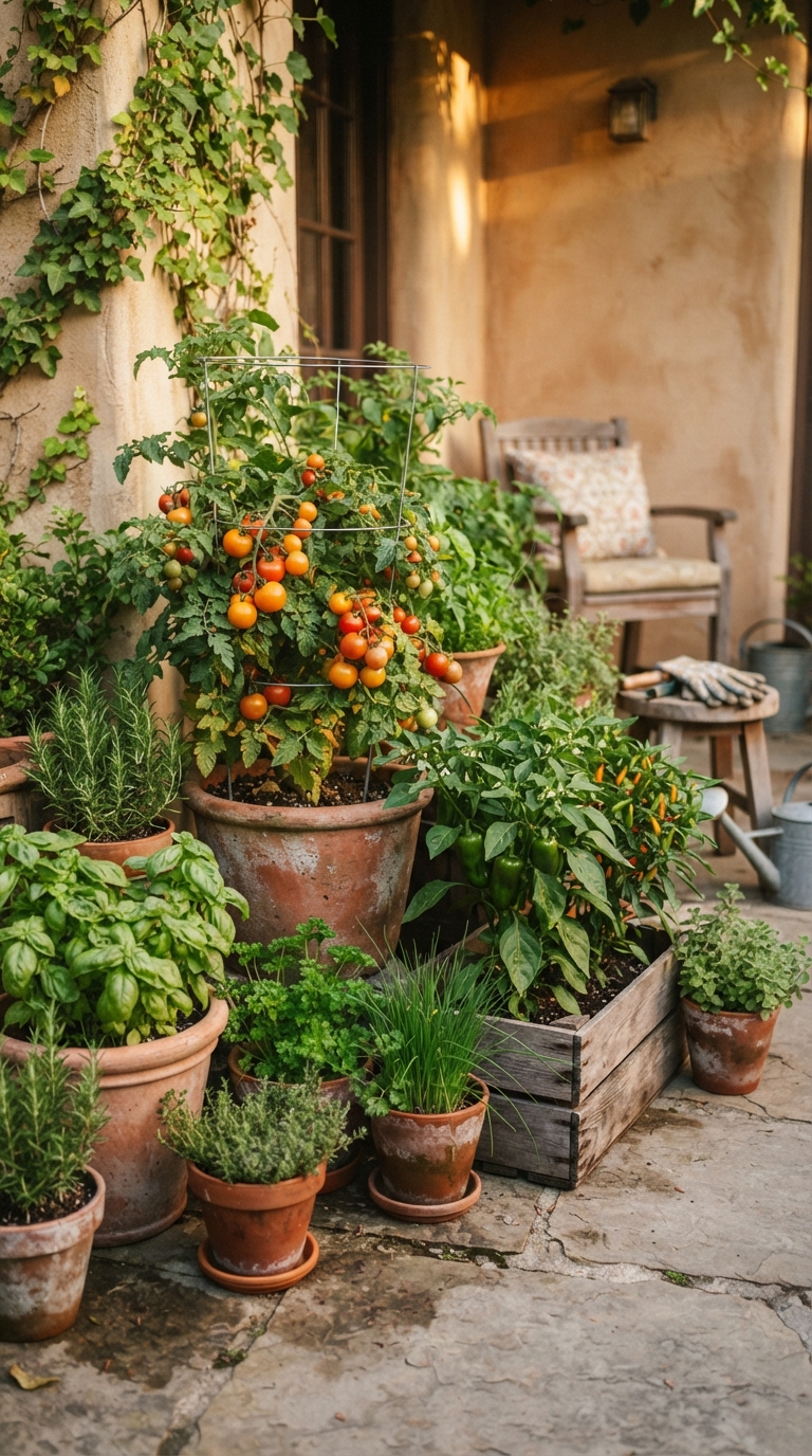 Cluster of container vegetables on a patio including tomatoes, peppers, and herbs