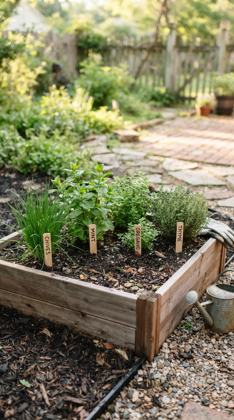 Beginner herb starter bed with chives, mint, oregano, and thyme