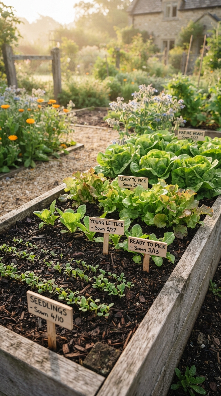 Garden bed with succession-planted lettuce at different growth stages