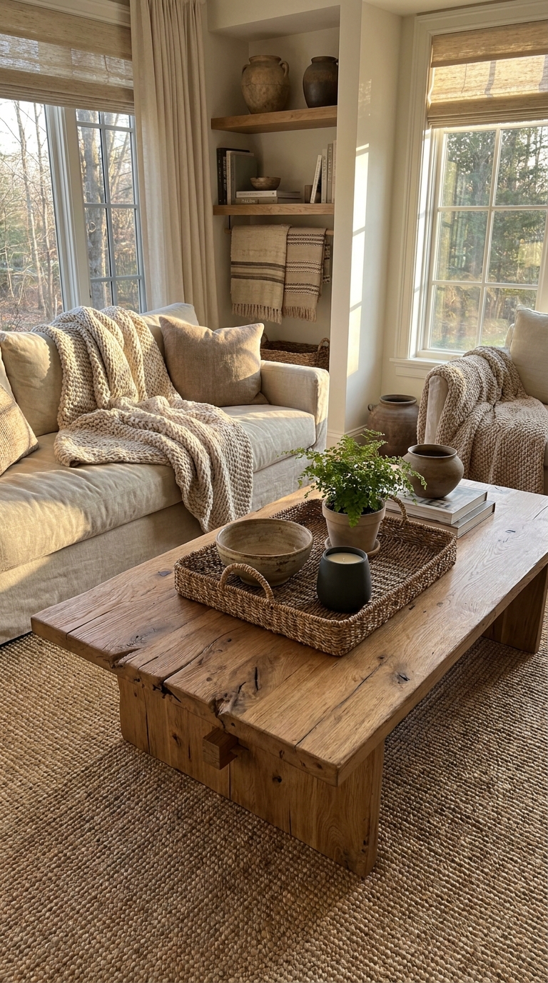 Natural wood coffee table with woven tray, ceramic bowl, plant, and candle.