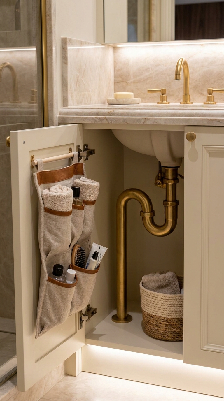 Multi-pocket door organizer maximizing storage in a small bathroom cabinet