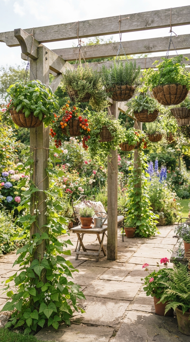 Pergola with hanging herb baskets and climbing beans growing on support posts