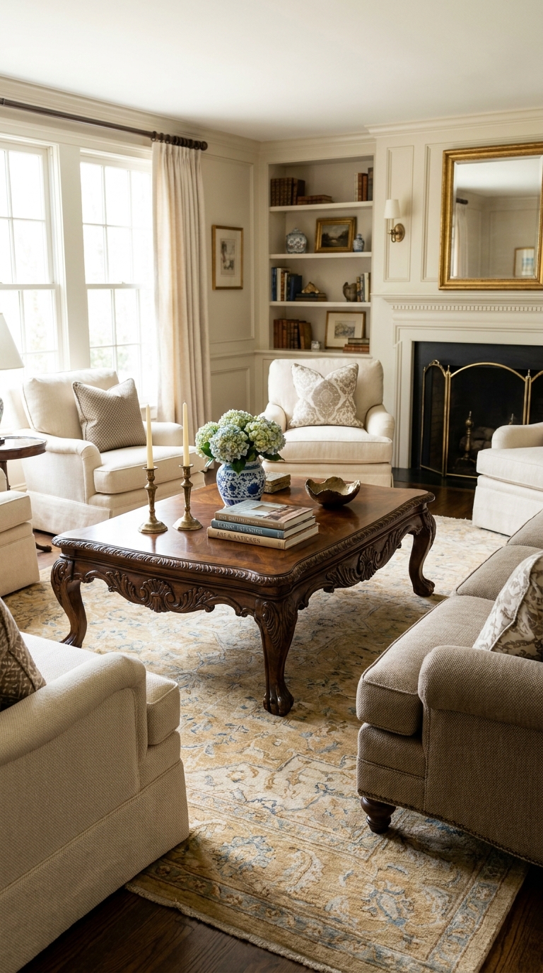Traditional coffee table with brass candlesticks, ceramic vase, and hardcover books.