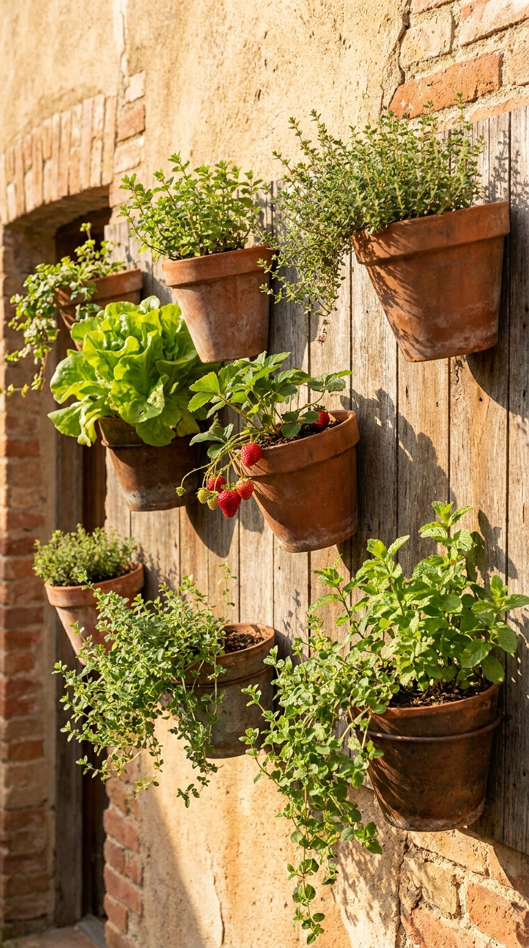 Vertical wall potager garden with staggered planters on a patio wall
