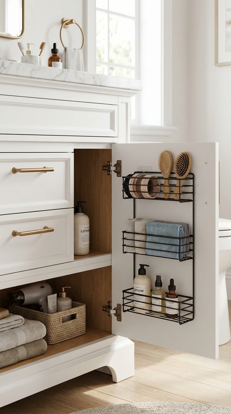 Adhesive rack organizing lightweight items inside bathroom cabinet door