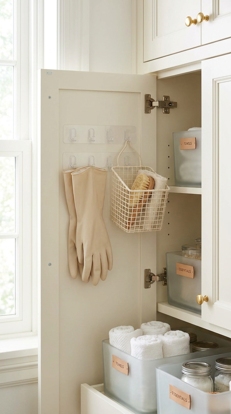 Adhesive hooks holding bathroom accessories inside vanity cabinet