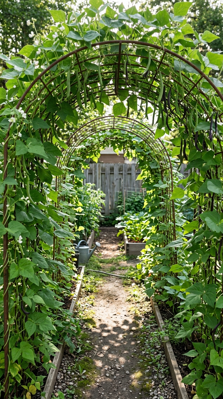 Arbor tunnel walkway covered in climbing beans in a backyard vegetable garden