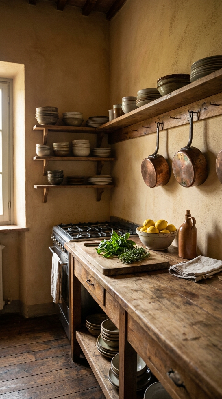 Authentic lived-in Italian kitchen with practical cookware, natural materials, everyday dishes, and understated styling.