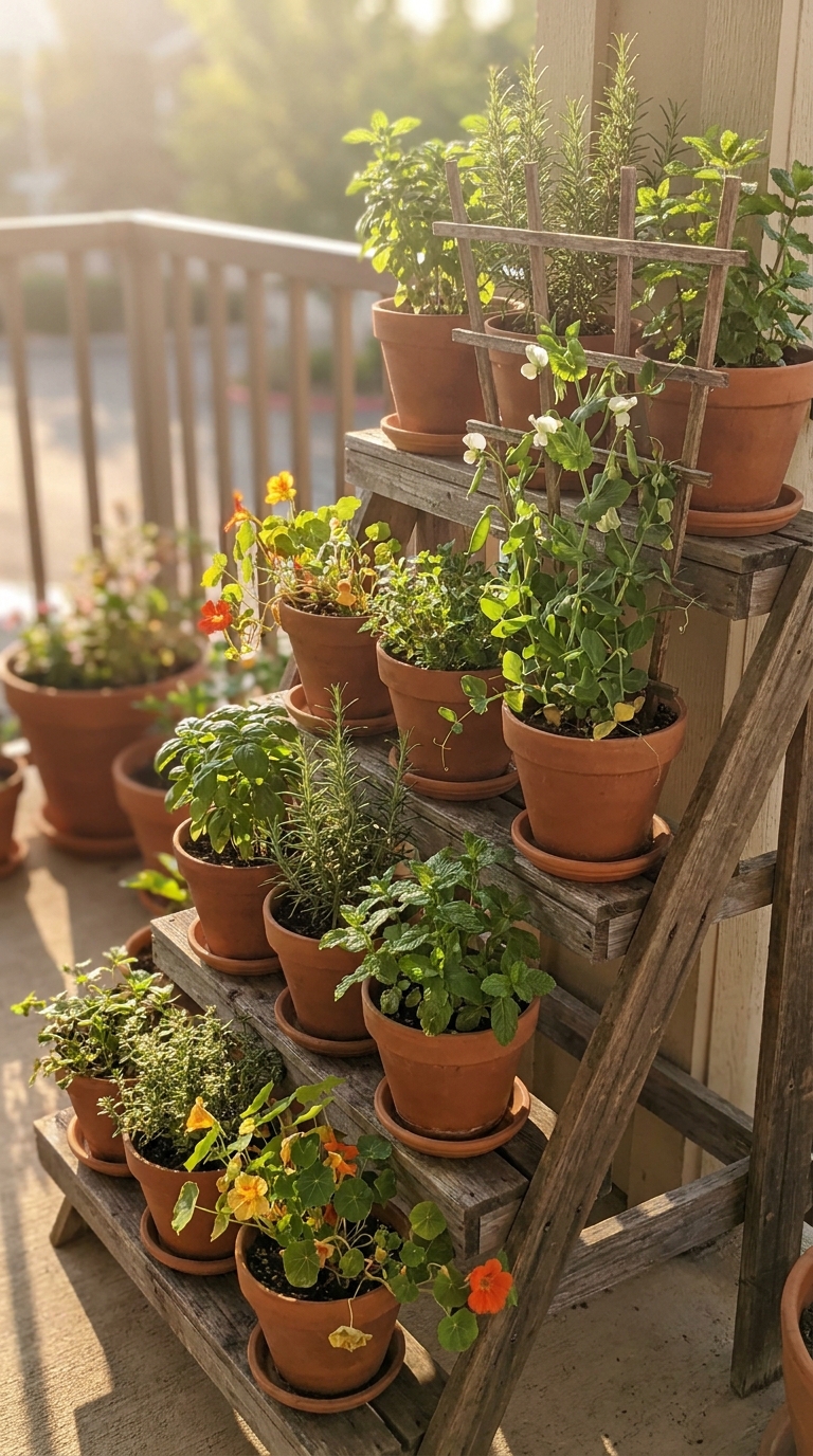 Tiered balcony container potager garden with herbs and climbing peas