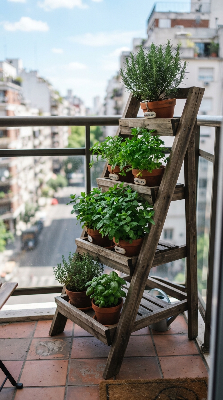 Wooden tiered ladder planter with rosemary, parsley, and mint on an apartment balcony