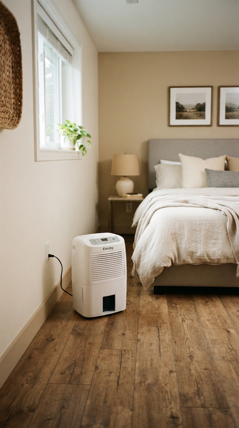 Dehumidifier in the corner of a cozy finished basement bedroom