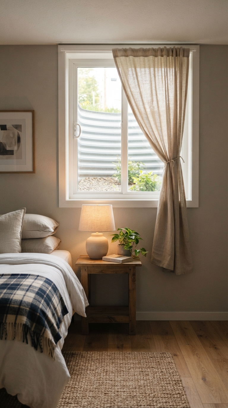 Basement egress window dressed with a soft linen curtain panel