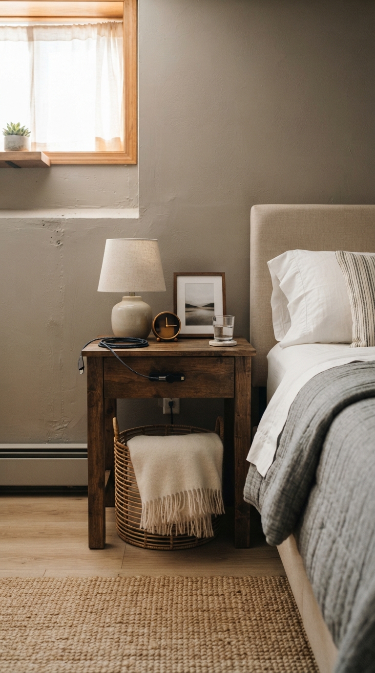 Guest-ready basement bedroom nightstand with folded blanket and charging station