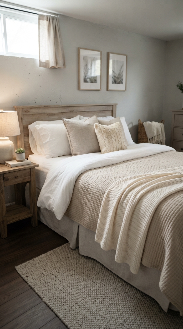 Layered cozy bedding with waffle-weave throw in a basement bedroom