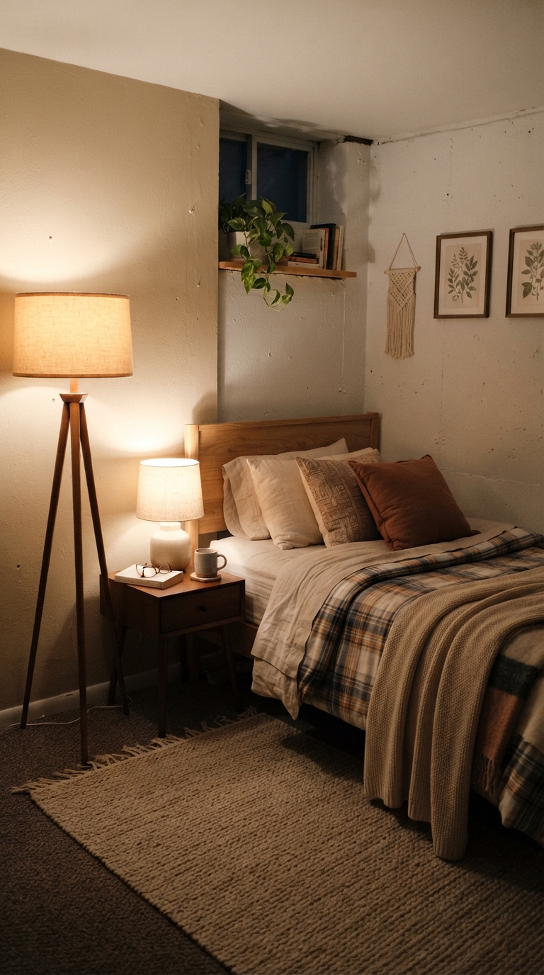 Layered warm lighting from a floor lamp and table lamp in a basement bedroom