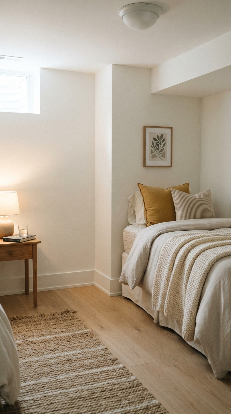 Basement bedroom trim painted the same color as the walls to visually raise a low ceiling