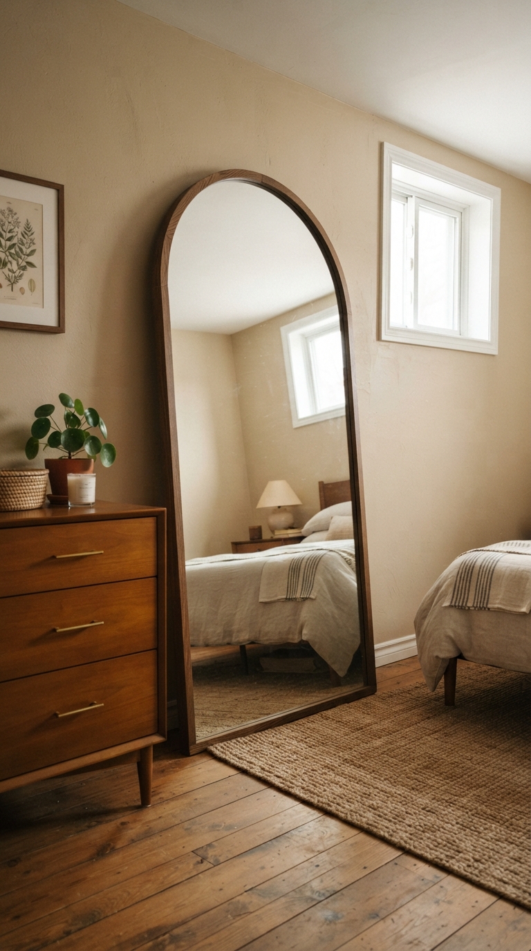 Arched floor mirror reflecting light in a basement bedroom