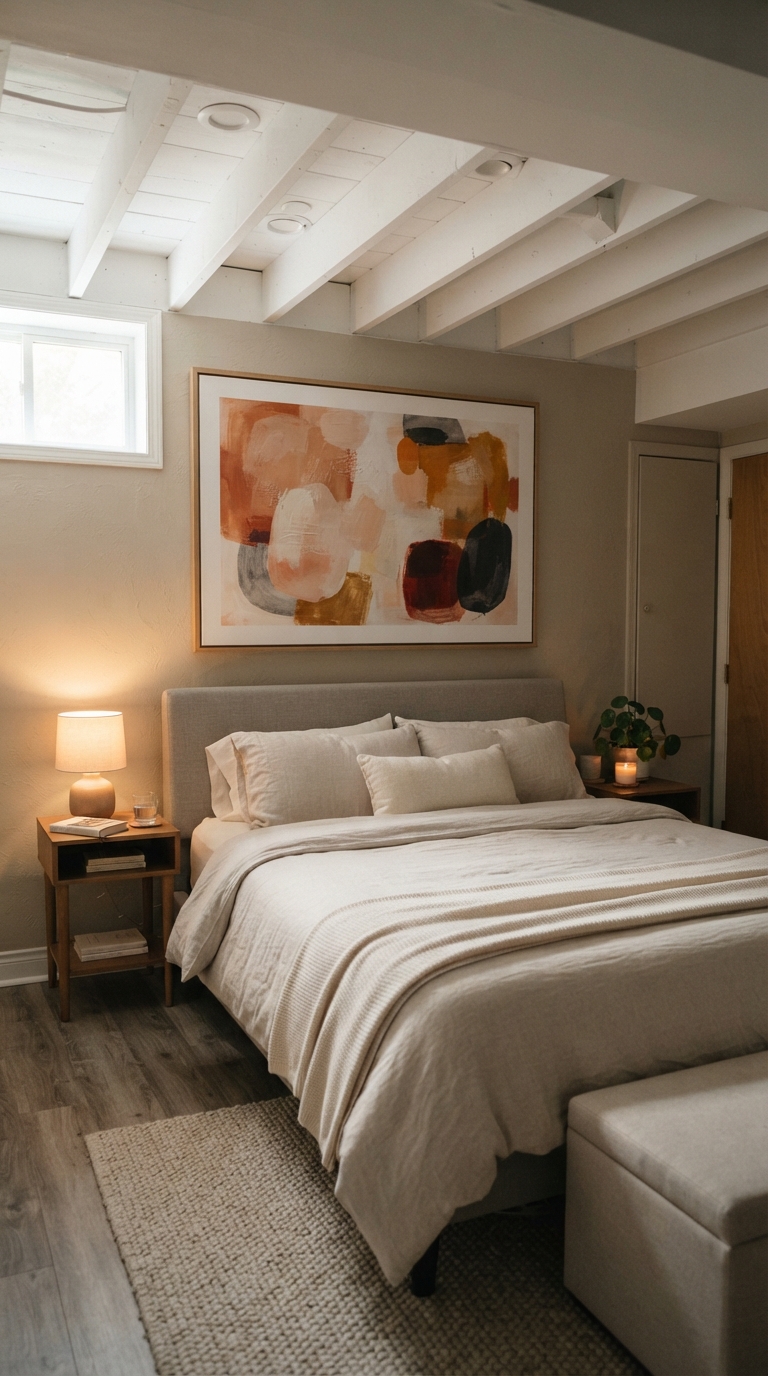 Oversized warm-toned artwork above the bed in a basement bedroom