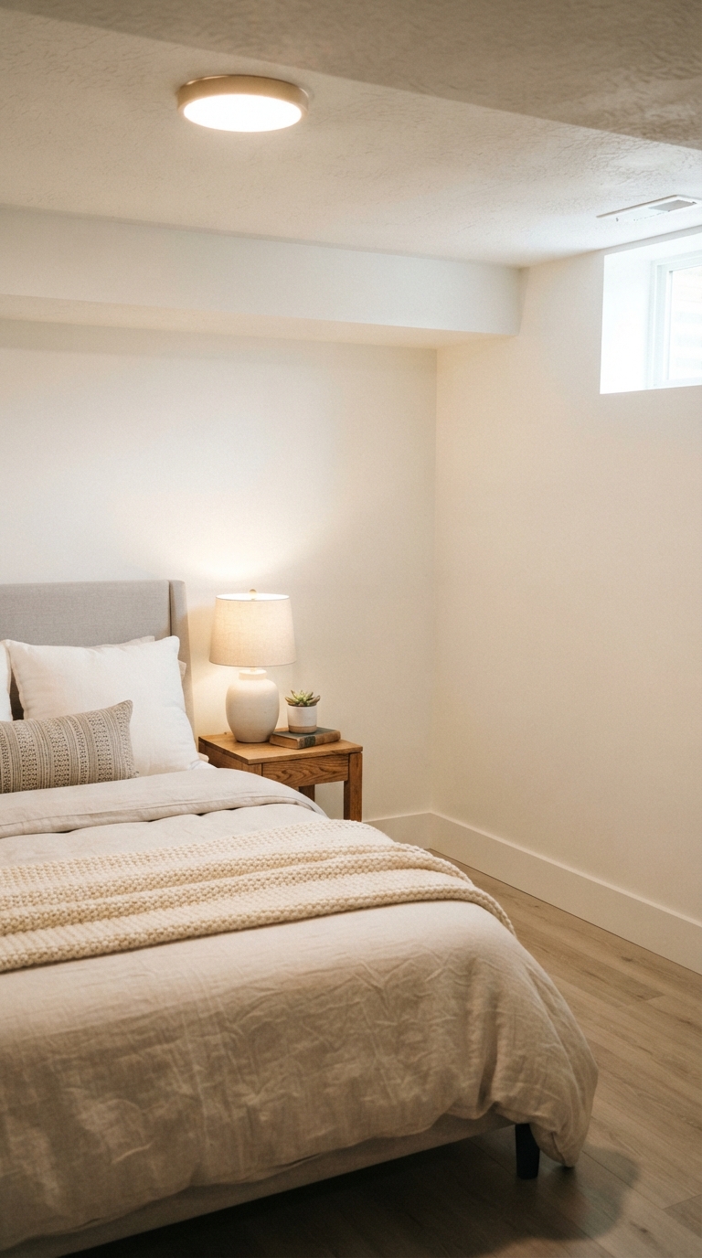 Warm greige basement bedroom wall lit by natural light from a window well