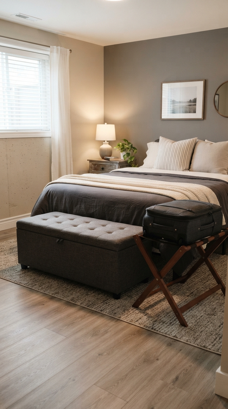 Storage ottoman and folding luggage rack in a basement bedroom