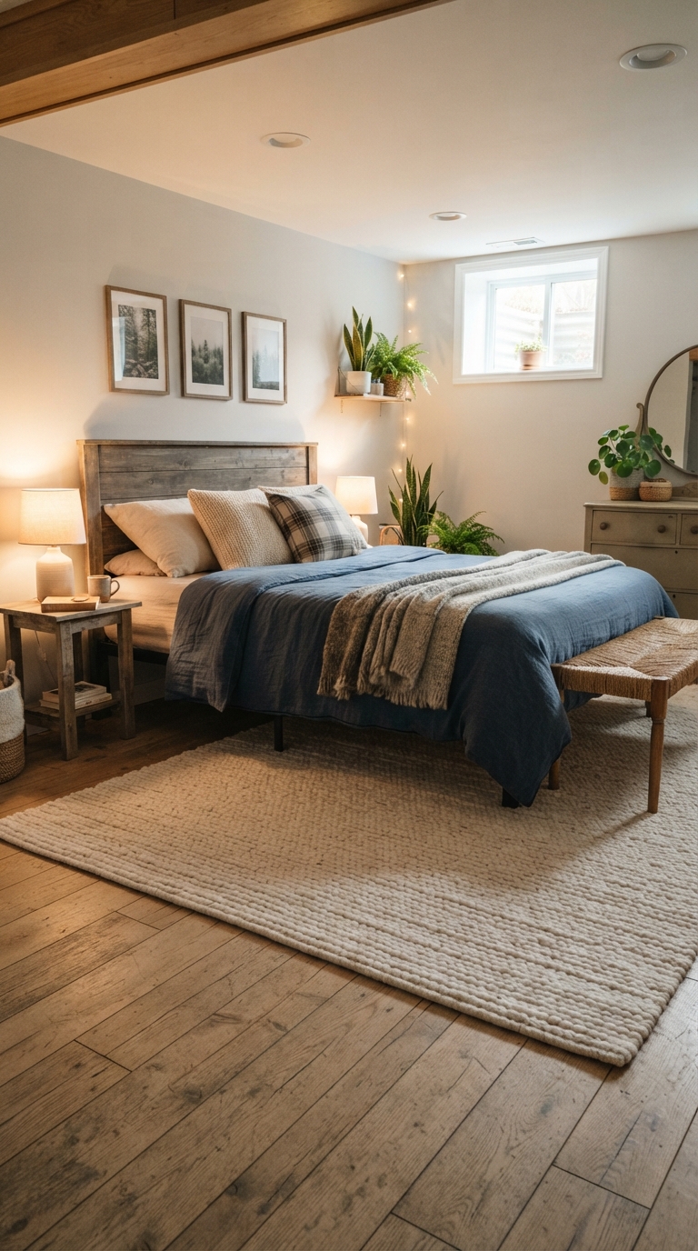 Large wool area rug under the bed in a basement bedroom