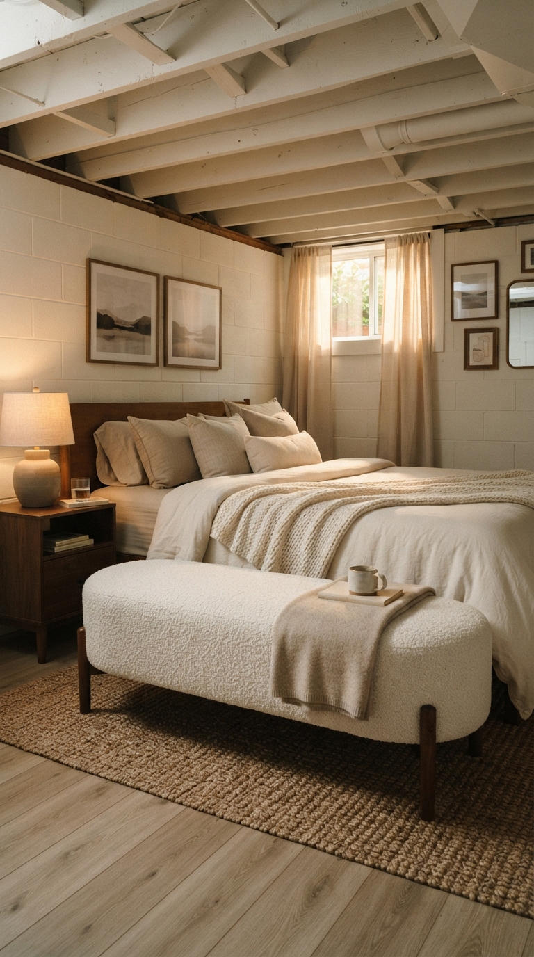Bouclé upholstered bench at the foot of a basement bedroom bed