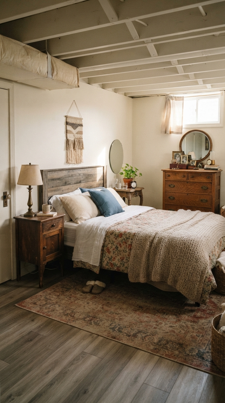 Vintage dresser and mismatched nightstands in a basement bedroom