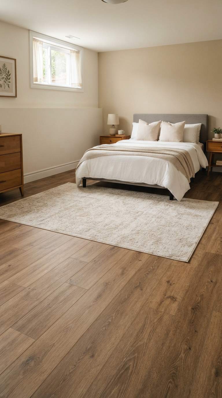Warm vinyl plank flooring layered with an area rug in a basement bedroom