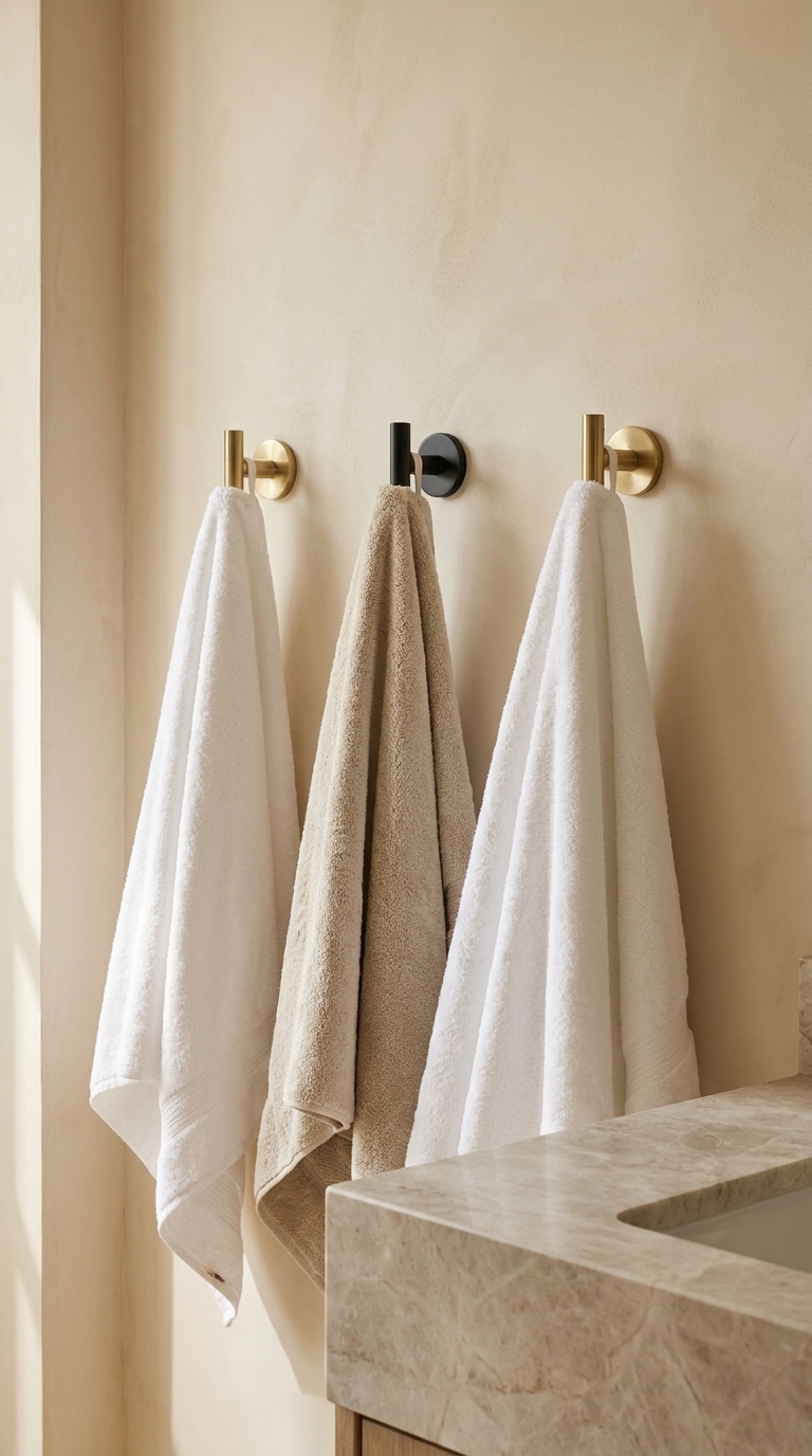 Coordinated bathroom wall hooks displaying neutral towels