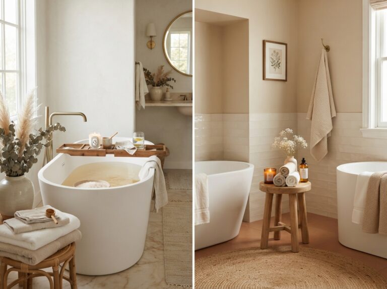 Budget-friendly bathtub decor ideas in a luxury bathroom collage
